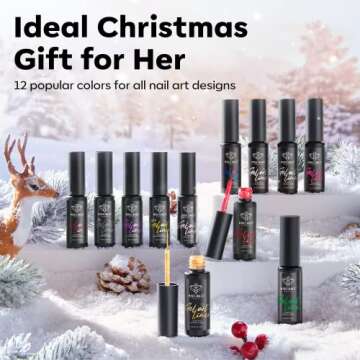 modelones Gel Polish Nail Art Gel Liner Set, 12 Colors Black Red Pink Yellow Green Glitter Trendy Color Gel Polish for Swirl French Tip Painting Designs Soak Off Built Thin Brush DIY Nail Starter Kit