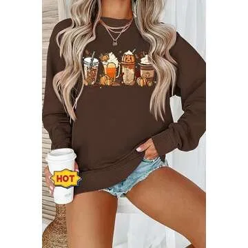 Halloween Town Sweatshirt Women Pumpkin Coffee Graphic Sweatshirts Halloween Sweaters For Women Women Pumpkin Coffee Graphic Sweatshirts Sports Sweatshirts Retro Crewneck Pumpkin Shirt(CO,L)