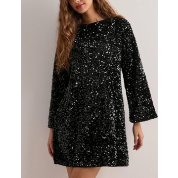 Lentta Women's Sequined Dress Petersham Ribbon Long Sleeve Party Night Out Club Festival Dresses(Black-XS)