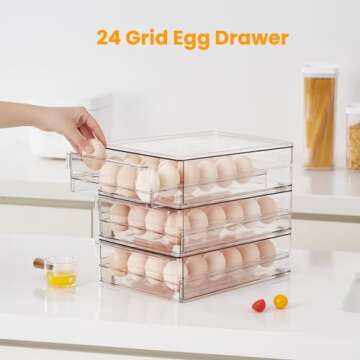 vacane 24 Egg Drawer for Fridge, Pull Out Egg Storage Container with Non-Slip Pads Refrigerator Orga...