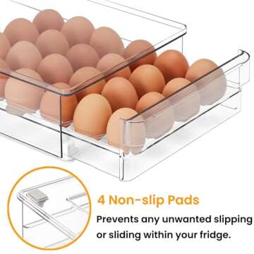 vacane 24 Egg Drawer for Fridge, Pull Out Egg Storage Container with Non-Slip Pads Refrigerator Organizer Bins Clear Egg Holder, Egg Tray-Bpa Free Egg Organizer