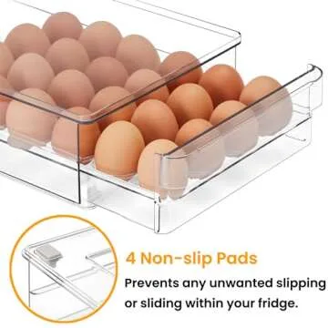 vacane 24 Egg Drawer for Fridge, Pull Out Egg Storage Container with Non-Slip Pads Refrigerator Organizer Bins Clear Egg Holder, Egg Tray-Bpa Free Egg Organizer