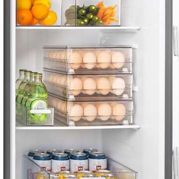 vacane 24 Egg Drawer for Fridge, Pull Out Egg Storage Container with Non-Slip Pads Refrigerator Organizer Bins Clear Egg Holder, Egg Tray-Bpa Free Egg Organizer