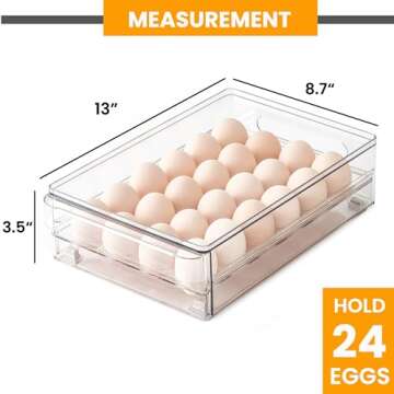 vacane 24 Egg Drawer for Fridge, Pull Out Egg Storage Container with Non-Slip Pads Refrigerator Organizer Bins Clear Egg Holder, Egg Tray-Bpa Free Egg Organizer