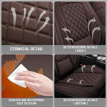 GEEYONTEK Premium Leather Car Seat Covers, Universal Fit for Cars SUVs Trucks and Sedans, Waterproof Car Seat Cushion with Airbag Compatible & Scratch-Resistant, Brown Seat Covers for 5 Seats