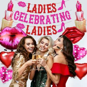 Ladies Celebrating Ladies Red Pink Glittery Banner Lips Lipstick Heart Balloons Girl Lady Happy Galentine’s Day Decorations for Valentines Theme Party Decorations Supplies Decor