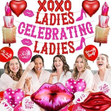 Ladies Celebrating Ladies Red Pink Glittery Banner Lips Lipstick Heart Balloons Girl Lady Happy Galentine’s Day Decorations for Valentines Theme Party Decorations Supplies Decor