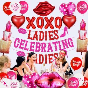 Ladies Celebrating Ladies Red Pink Glittery Banner Lips Lipstick Heart Balloons Girl Lady Happy Galentine’s Day Decorations for Valentines Theme Party Decorations Supplies Decor
