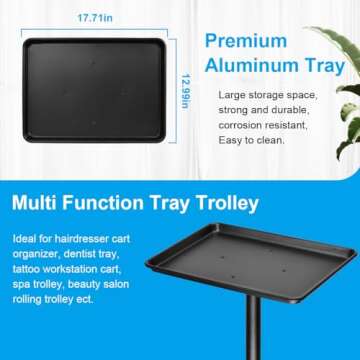 FLOLXNB Salon Tray Cart Premium Aluminum Tattoo Tray Rolling Trolley Adjustable Height Storage Utili...