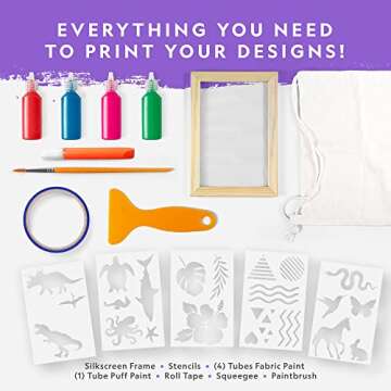 National Geographic Kids Screen Printing Kit - Arts and Crafts Silk Screen Printing Kit with Fabric Paint, Frame, Stencils & Squeegee Plus Drawstring Bag & More, Screen Print, Silkscreening Kit