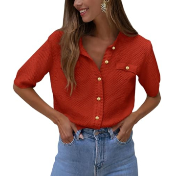 PRETTYGARDEN Women's Summer Button Down Shirts Casual Short Sleeve Crew Neck Ribbed Knit Blouse Top ...