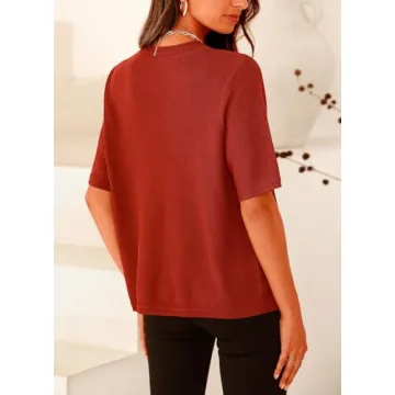 PRETTYGARDEN Women's Summer Button Down Shirts Casual Short Sleeve Crew Neck Ribbed Knit Blouse Top Cardigans (Rust Red,Small)