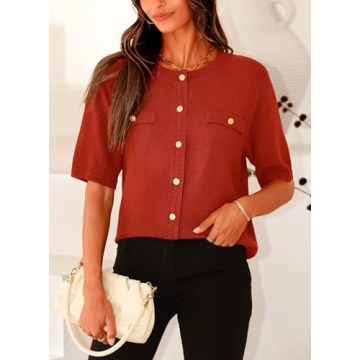 PRETTYGARDEN Women's Summer Button Down Shirts Casual Short Sleeve Crew Neck Ribbed Knit Blouse Top Cardigans (Rust Red,Small)