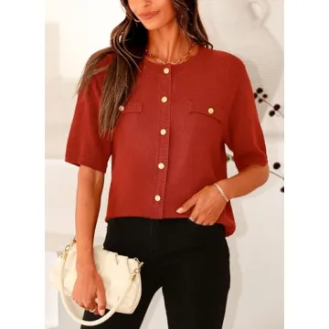 PRETTYGARDEN Women's Summer Button Down Shirts Casual Short Sleeve Crew Neck Ribbed Knit Blouse Top Cardigans (Rust Red,Small)