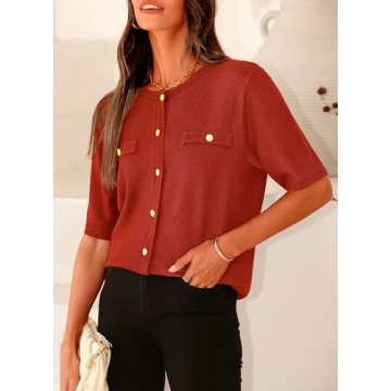 PRETTYGARDEN Women's Summer Button Down Shirts Casual Short Sleeve Crew Neck Ribbed Knit Blouse Top Cardigans (Rust Red,Small)