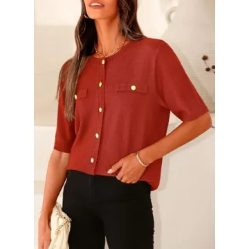 PRETTYGARDEN Women's Summer Button Down Shirts Casual Short Sleeve Crew Neck Ribbed Knit Blouse Top Cardigans (Rust Red,Small)