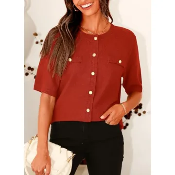 PRETTYGARDEN Women's Summer Button Down Shirts Casual Short Sleeve Crew Neck Ribbed Knit Blouse Top Cardigans (Rust Red,Small)