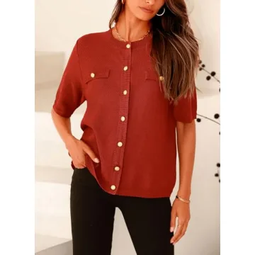PRETTYGARDEN Women's Summer Button Down Shirts Casual Short Sleeve Crew Neck Ribbed Knit Blouse Top Cardigans (Rust Red,Small)