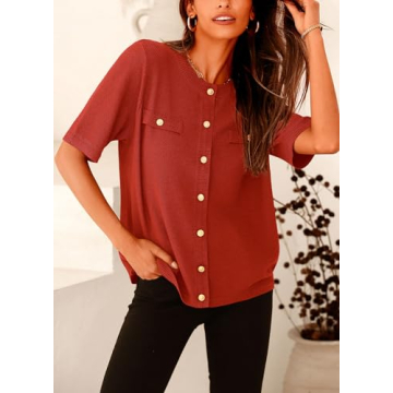 PRETTYGARDEN Women's Summer Button Down Shirts Casual Short Sleeve Crew Neck Ribbed Knit Blouse Top Cardigans (Rust Red,Small)