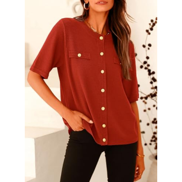 PRETTYGARDEN Women's Summer Button Down Shirts Casual Short Sleeve Crew Neck Ribbed Knit Blouse Top Cardigans (Rust Red,Small)