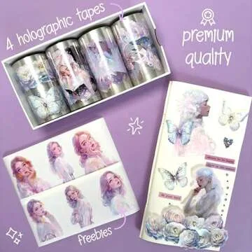 Fayware PET Washi Tapes for Journaling, Scrapbooking & Crafting. Cut and Use as Holographic Stickers in Your Junk Journals, Planners - with Butterflies, Flowers, People