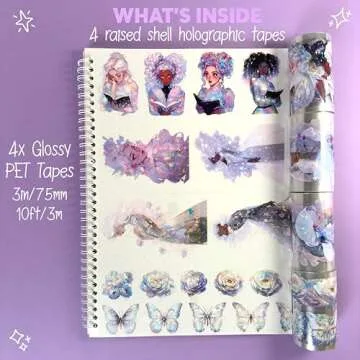 Fayware PET Washi Tapes for Journaling, Scrapbooking & Crafting. Cut and Use as Holographic Stickers in Your Junk Journals, Planners - with Butterflies, Flowers, People