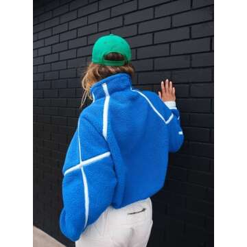 Kumufenc Women's Fleece Sweatshirts Half Zip Pullover Long Sleeve Oversized Workout Crop Tops Hoodie with Pocket(Blue,L)
