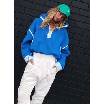 Kumufenc Women's Fleece Sweatshirts Half Zip Pullover Long Sleeve Oversized Workout Crop Tops Hoodie with Pocket(Blue,L)