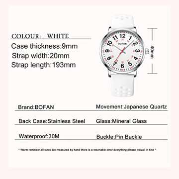 BOFAN Nurse Watch for Medical Professionals,Students,Doctors with Easy to Read Dial,Second Hand and 24 Hour,Soft and Breathable White Silicone Band,Water Resistant