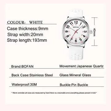 BOFAN Nurse Watch for Medical Professionals,Students,Doctors with Easy to Read Dial,Second Hand and 24 Hour,Soft and Breathable White Silicone Band,Water Resistant