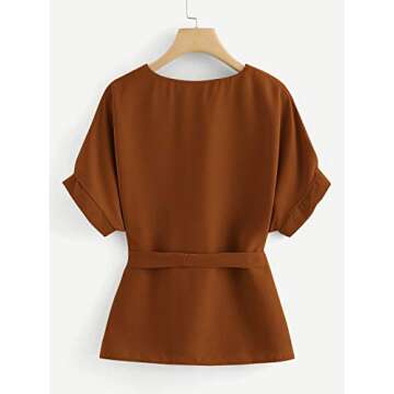 Milumia Women's Casual V Neckline Self Tie Short Sleeve Work Blouse Tunic Tops Brown Small