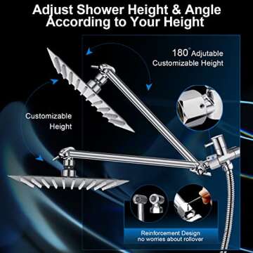 PinWin Modern 12" Large Square Rain Showerhead with 5 Modes Handheld Showerhead Combo, Adjustable Arm, Easy Tool-Free Installation
