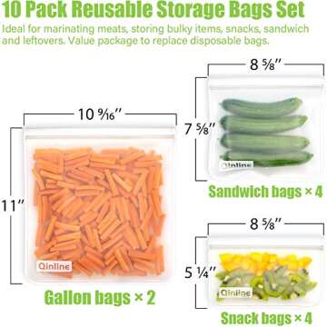 Qinline Reusable Food Storage Bags - 10 Pack Freezer Bags, BPA Free Reusable Bags Silicone, Extra Thick Leakproof Reusable Lunch Bag for Salad Fruit Snack Travel - 2 Gallon 4 Sandwich 4 Snack Bags