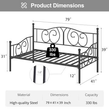 VECELO Twin Daybed Frame, Metal Day Bed with Classic Headboard, Multifunctional Platform Beds for Be...