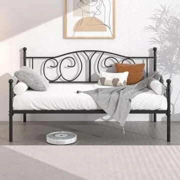 VECELO Twin Daybed Frame, Metal Day Bed with Classic Headboard, Multifunctional Platform Beds for Bedroom, Living Room, Guest Room, No Boxing Spring Needed, Black