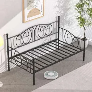 VECELO Twin Daybed Frame, Metal Day Bed with Classic Headboard, Multifunctional Platform Beds for Bedroom, Living Room, Guest Room, No Boxing Spring Needed, Black