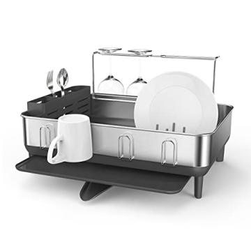 simplehuman Kitchen Dish Drying Rack with Swivel Spout, Fingerprint-Proof Stainless Steel Frame, Gre...