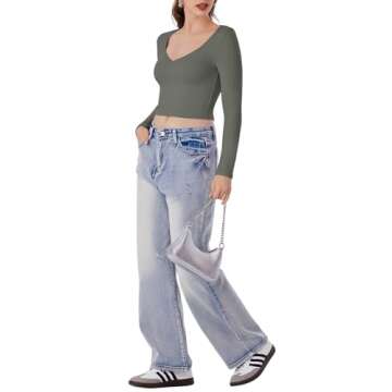 REORIA Women's V Neck Long Sleeve Slim Fitted Crop Tops Soft Layering Basic Shirt 2024 Fall Going Out Top Grey Green