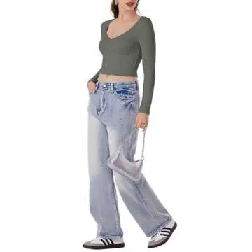 REORIA Women's V Neck Long Sleeve Slim Fitted Crop Tops Soft Layering Basic Shirt 2024 Fall Going Out Top Grey Green