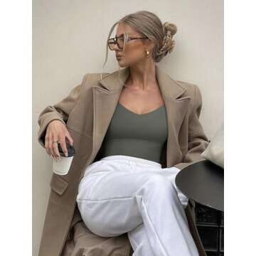 REORIA Women's V Neck Long Sleeve Slim Fitted Crop Tops Soft Layering Basic Shirt 2024 Fall Going Out Top Grey Green