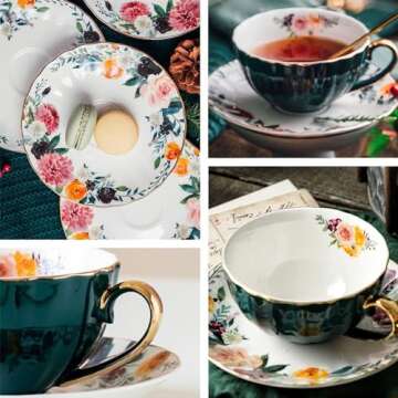 ONEUSTAR Tea Cup and Saucer Set for 1 Porcelain Floral Teacup with Spoon 8 oz Coffee Cup Cappuccino ...
