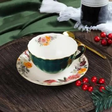 ONEUSTAR Tea Cup and Saucer Set for 1 Porcelain Floral Teacup with Spoon 8 oz Coffee Cup Cappuccino Latte Mug for Birthday Christmas Gift, Green
