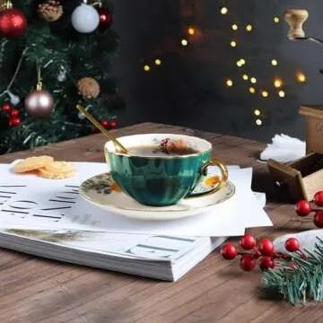 ONEUSTAR Tea Cup and Saucer Set for 1 Porcelain Floral Teacup with Spoon 8 oz Coffee Cup Cappuccino Latte Mug for Birthday Christmas Gift, Green