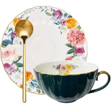 ONEUSTAR Tea Cup and Saucer Set for 1 Porcelain Floral Teacup with Spoon 8 oz Coffee Cup Cappuccino Latte Mug for Birthday Christmas Gift, Green