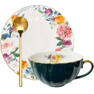 ONEUSTAR Tea Cup and Saucer Set for 1 Porcelain Floral Teacup with Spoon 8 oz Coffee Cup Cappuccino Latte Mug for Birthday Christmas Gift, Green
