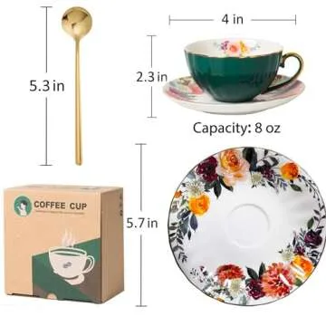 ONEUSTAR Tea Cup and Saucer Set for 1 Porcelain Floral Teacup with Spoon 8 oz Coffee Cup Cappuccino Latte Mug for Birthday Christmas Gift, Green