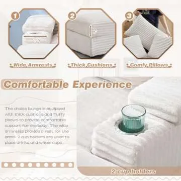 Chaise Lounge Chair Indoor with Ottoman,43.3"W Corduroy Upholstered Modern Deep Seat Sofa Cloud Couch with Cup Holder,Comfy Reading Lazy Sofa Chair,Leisure Sleeper Chair for Living Room,Office(Beige)