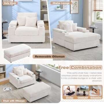 Chaise Lounge Chair Indoor with Ottoman,43.3"W Corduroy Upholstered Modern Deep Seat Sofa Cloud Couch with Cup Holder,Comfy Reading Lazy Sofa Chair,Leisure Sleeper Chair for Living Room,Office(Beige)