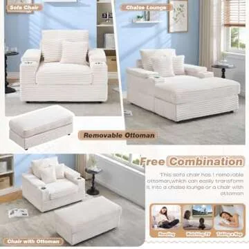 Chaise Lounge Chair Indoor with Ottoman,43.3"W Corduroy Upholstered Modern Deep Seat Sofa Cloud Couch with Cup Holder,Comfy Reading Lazy Sofa Chair,Leisure Sleeper Chair for Living Room,Office(Beige)