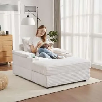 Chaise Lounge Chair Indoor with Ottoman,43.3"W Corduroy Upholstered Modern Deep Seat Sofa Cloud Couch with Cup Holder,Comfy Reading Lazy Sofa Chair,Leisure Sleeper Chair for Living Room,Office(Beige)